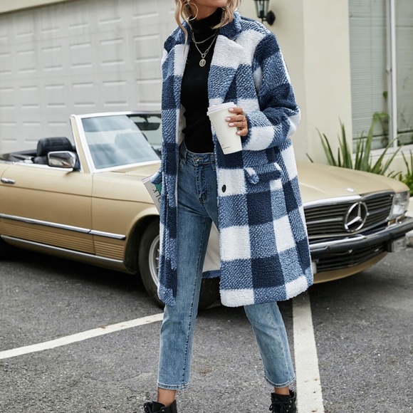 buffalo plaid teddy trench pea coat jacket khaki - Picture 5 of 11